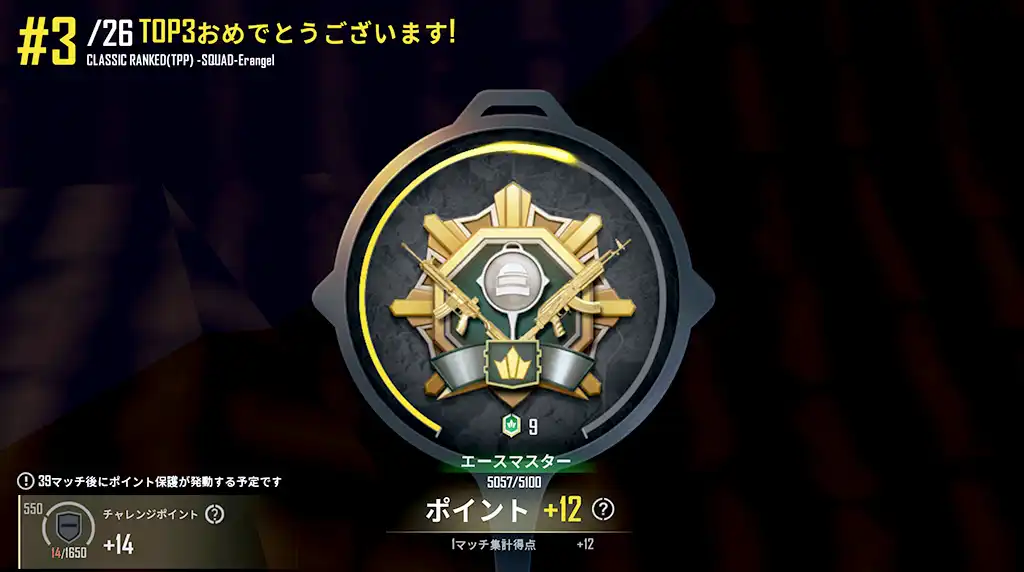 終盤まで生き残ってレートはプラス12