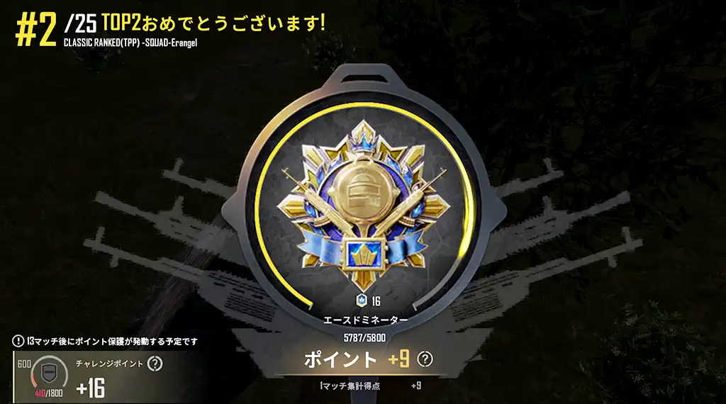 ドン勝を逃した3戦目はレートが9上がる