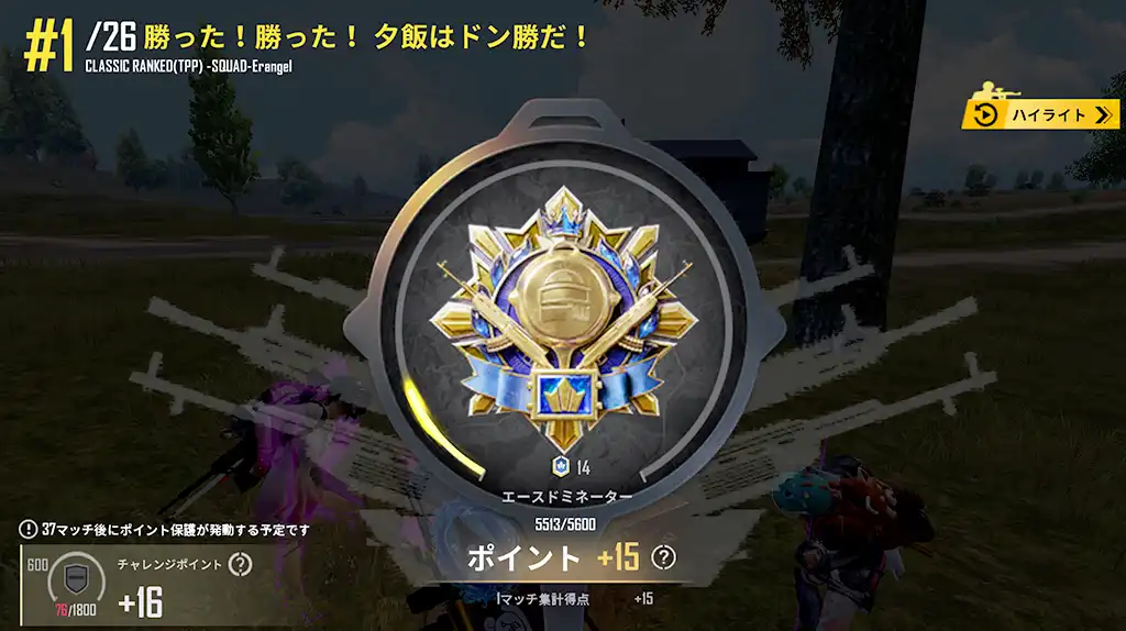 ドン勝するもレートは15しか上がらず