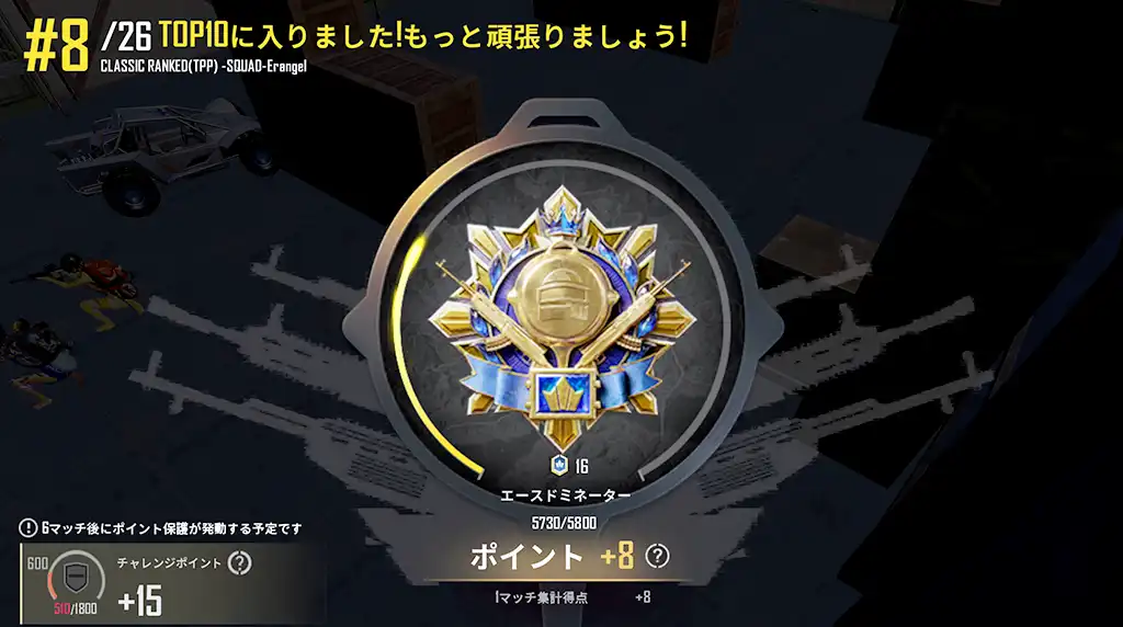 ラスト13人でやられてレートが8上がる