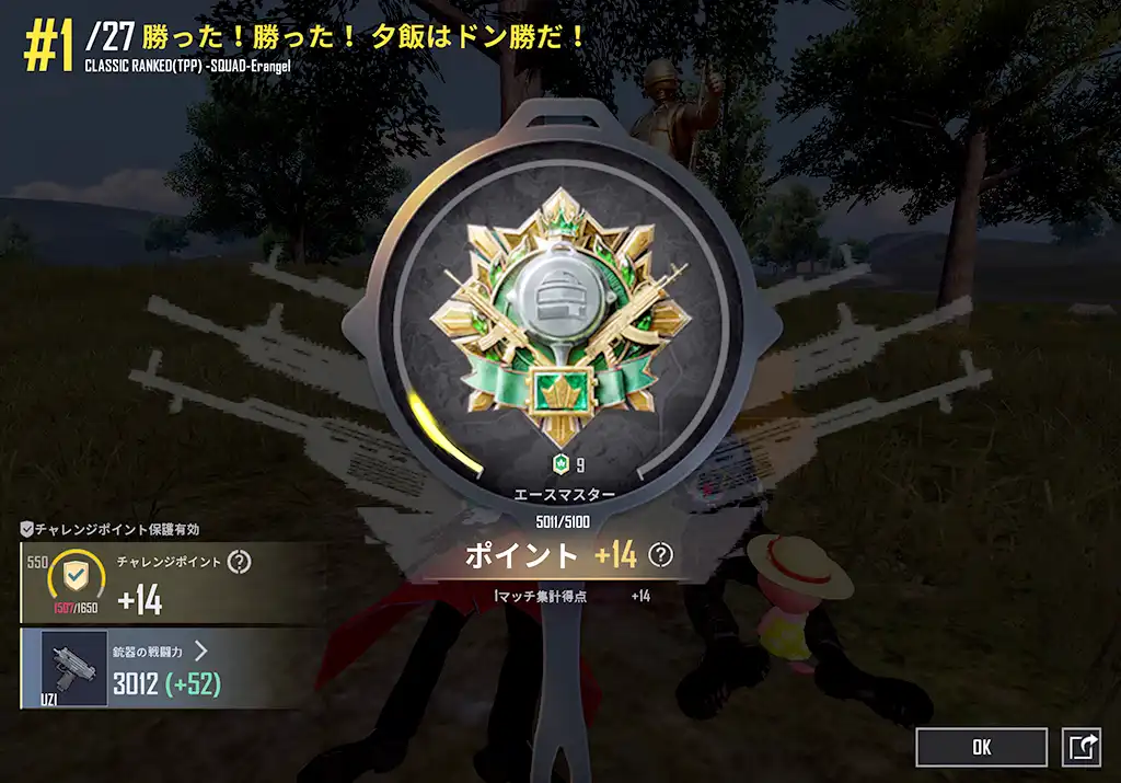 ドン勝したのにレートが14しか上がらず