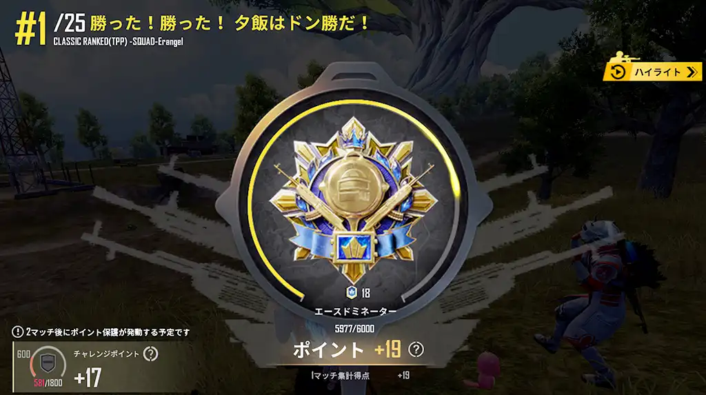 ドン勝してレートが19上がる