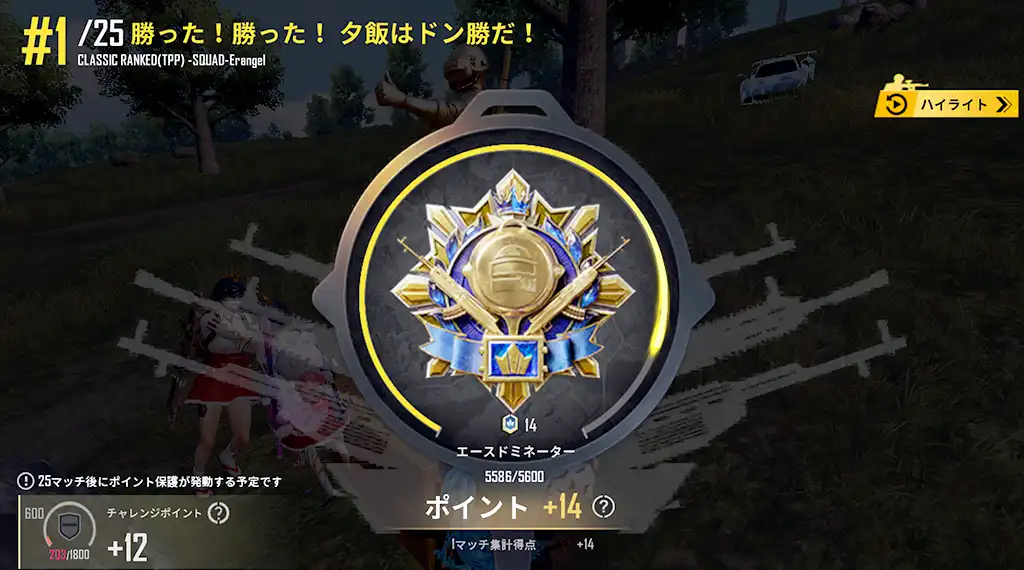 ドン勝してもレートは14しか増えず