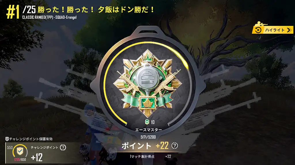 ドン勝してレートが22上がる